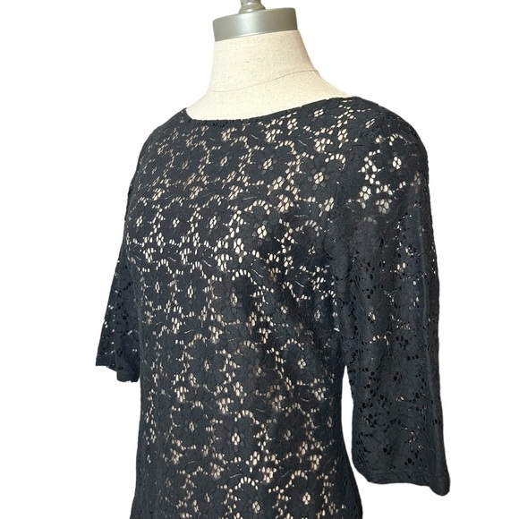 BETSEY JOHNSON Black Lace Overlay Nude Ruffle Cotton Fit & Flare Dress Size 6 - Picture 5 of 16